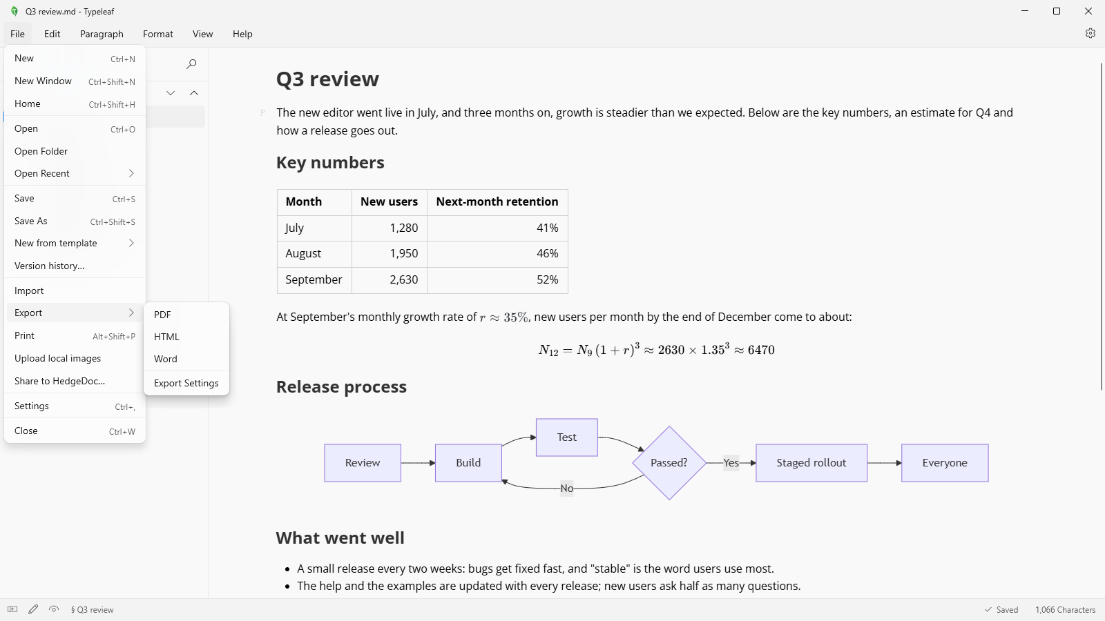 Typeleaf screenshot: Export and print
