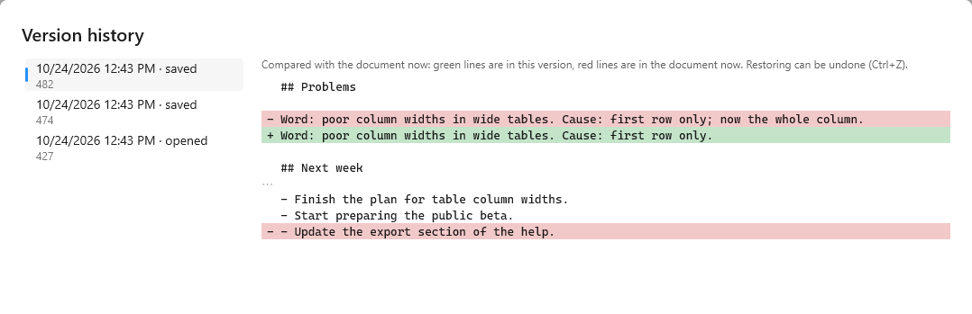 Typeleaf screenshot: Version history