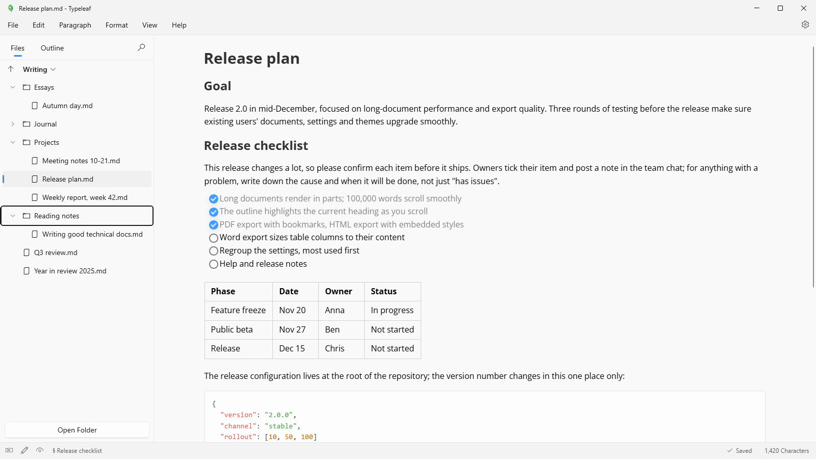 Typeleaf screenshot: Folders, search and outline