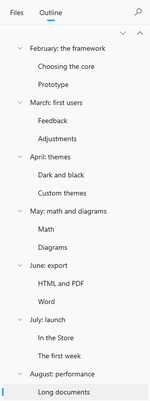 Typeleaf screenshot: Folders, search and outline