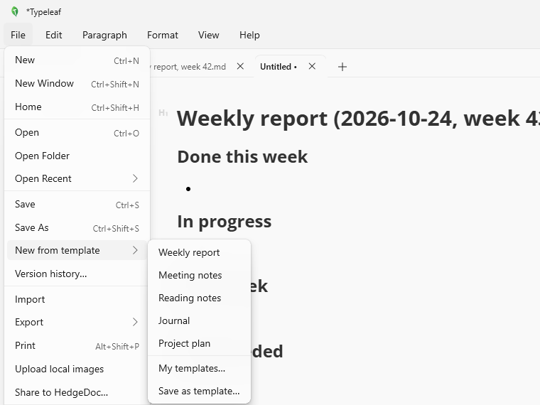 Typeleaf screenshot: Document templates